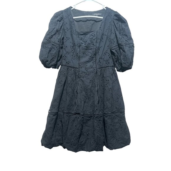 Beulah Eyelet bubble Hem Mini Dress fit flare Medium Black Puff Sleeves Romantic - Picture 1 of 16